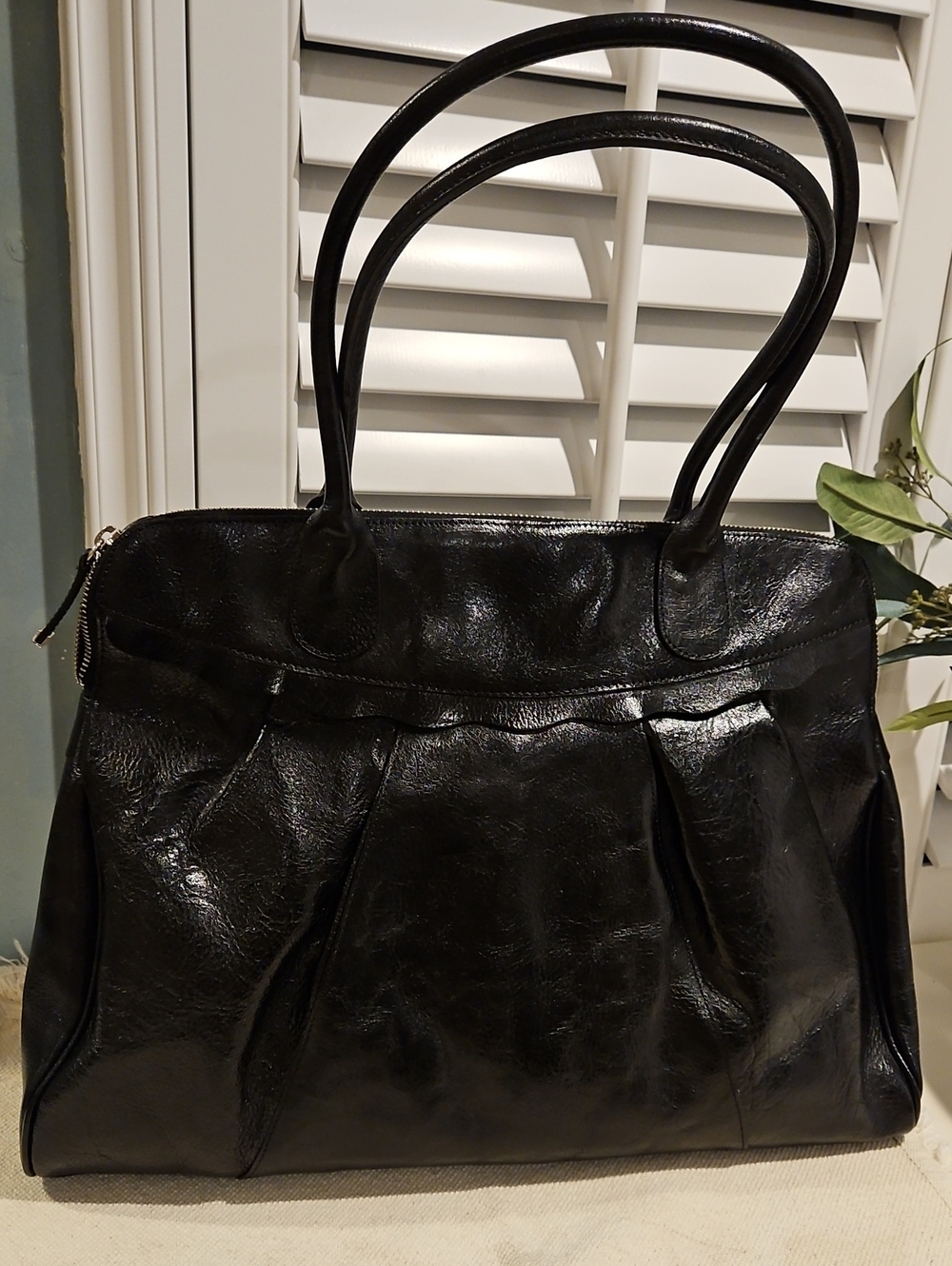 Vintage Well Preserved Black Full Grain Leather Tote With Zipper & Wallet 0084